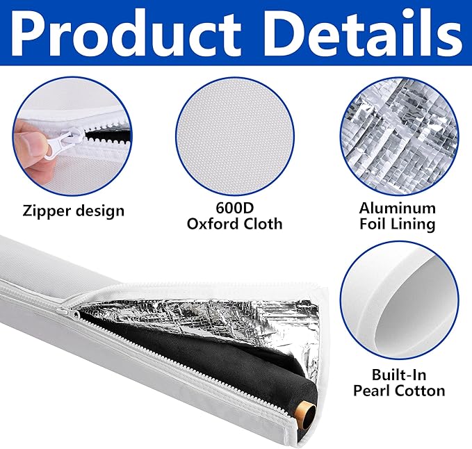 3-Layer Zipper HVAC Copper Pipe Insulation Cover,72x10.2 in 600D AC Pipe Insulation Covers for Outside,White Gray Copper Line Insulation Sleeve for Central Air Conditioning Mini Splits
