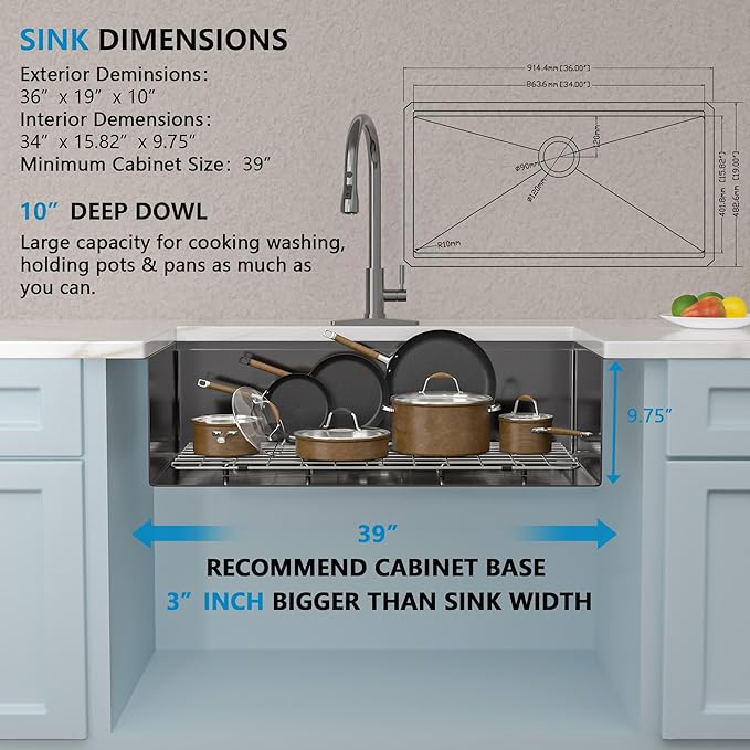 36 Undermount Kitchen Sink Black - Fulorni 36"x19" Kitchen Sink Ledge Workstation Gunmetal Black NANO-PVD 16 Gauge 304 Stainless Steel Under Counter Large Single Bowl Basin
