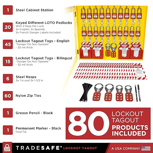 TRADESAFE Lockout Tagout Station with 20 Keyed Different Loto Locks, 6 Lockout Hasps, 60 Lock Out Tags, Lock Out Tag Out Kit Station, Lock Out Kit Cabinet 22-1/2 x 18 x 3 inches