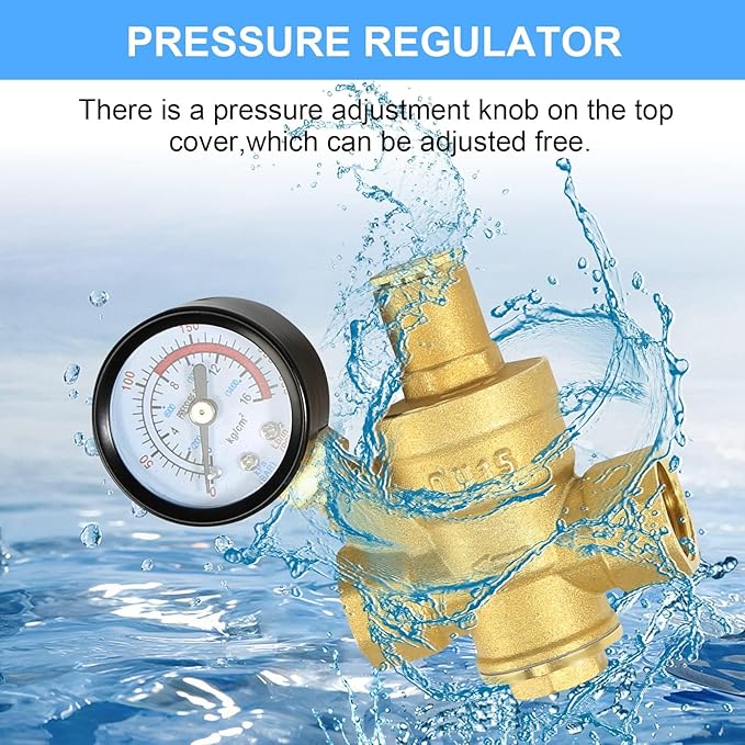 Water Pressure Regulator 1/2 inch with Gauge, Made of 100% High Hardness Brass, Adjustable Water Pressure Reducing Valve Water