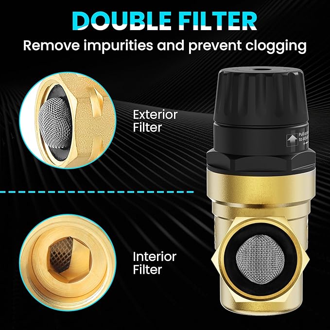 RV Water Pressure Regulator Lead-Free Brass Adjustable Water Pressure Reducer with Gauge and Screen Filter Use in Camper, Trailer, RV Plumbing System