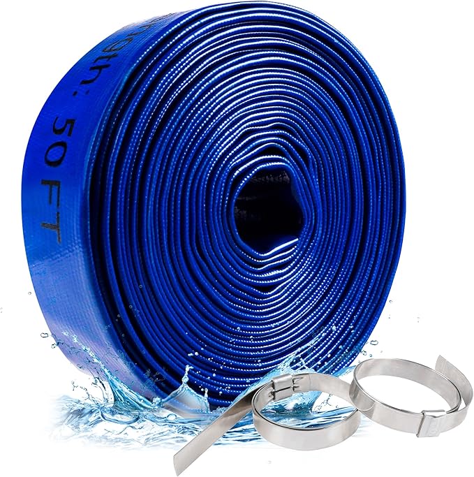 ZYfire Pool Backwash Hose with 2 Clamps - 1-1/2" x 50 FT PVC Lay Flat Discharge Hose Heavy Duty Reinforced Pool Hose Weather and Burst Resistant for Pool Drain, Sump Pump, Pool Filter