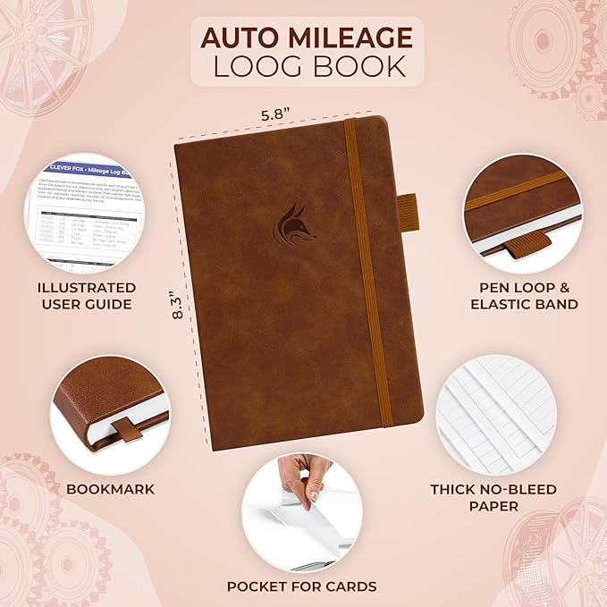 Clever Fox Auto Mileage Log Book – Vehicle Logbook with Mileage, Expense, Gas Consumption & Lubrication Trackers – Driving Logger for Car Records – A5 Size, 1,674 Mileage Entries (Brown)