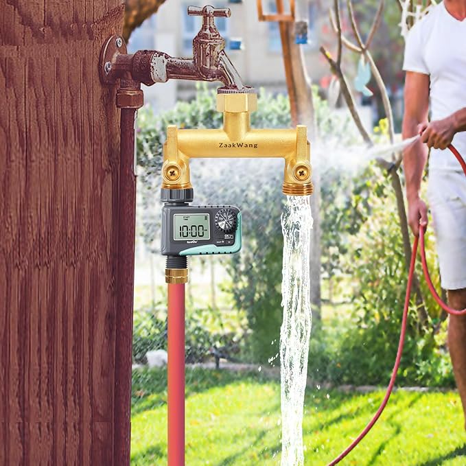 Heavy Duty Brass 2-Way Garden Hose Splitter, 3/4" GHT Threads, Metal Shutoff Valve, Long Handle