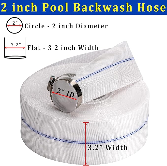 Pool Backwash Hose 2” × 65 ft Fiber Reinforced Discharge Hose General Purpose Flexible Lightweight Lay Flat Pump Drain Pipe Hose for Water Transfer (2in-65ft, Anti-abrasion)