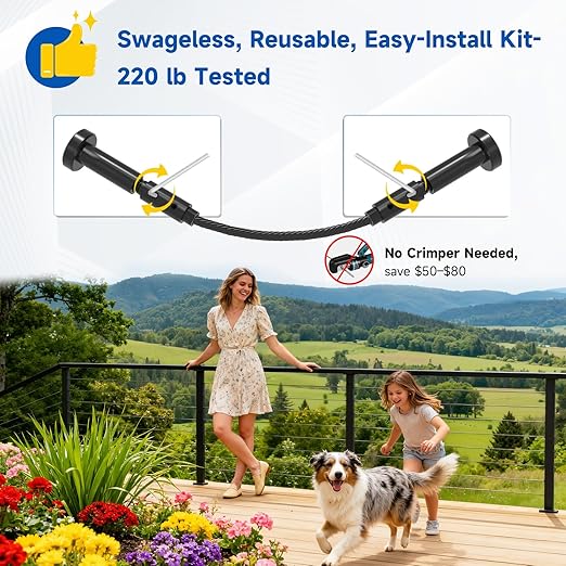 Upgraded 8-20FT Swageless Cable Railing System Post Kit 36" with 3 Heavy-Duty T304 Stainless Steel Level Post, Patent Reusable Cable Railing Kit, Upgraded Outdoor Finish(No Handrail), Black