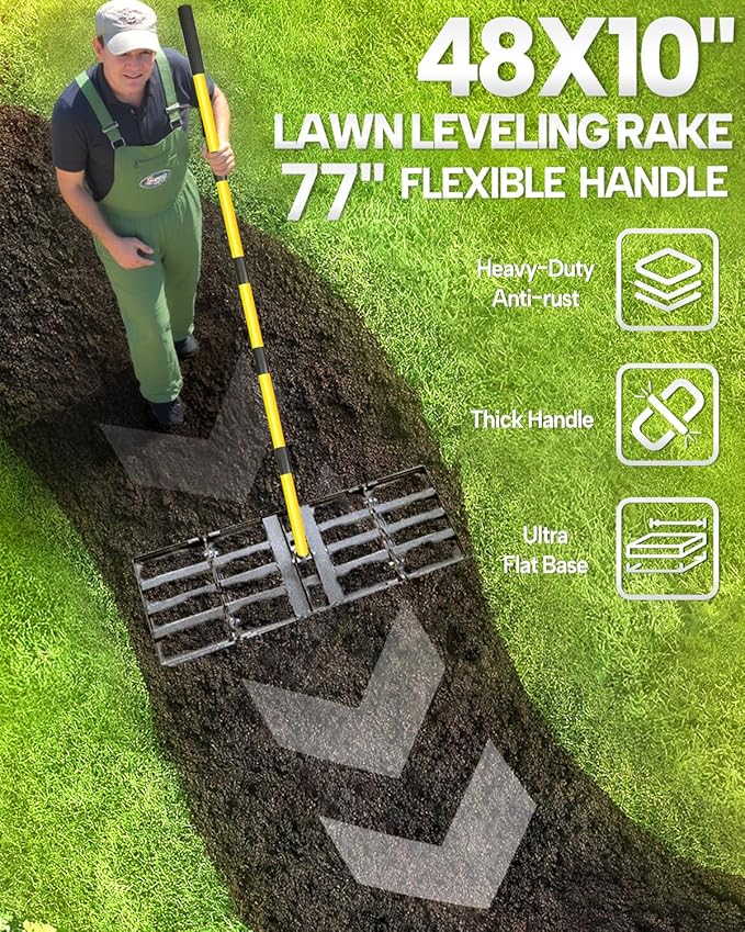 Joyhalo Lawn Leveling Rake, 48 Inch Yard Lawn Leveling for Soil with 78" Adjustable Steel Handle, Heavy Duty Effort Saving Landscape Lawn Leveler for Yard Garden Golf Course Soil Sand Dirt Grass