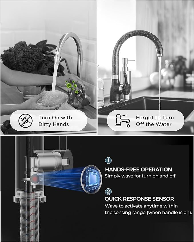 FORIOUS Touchless Kitchen Faucet Black, Smart Motion Sensor Spring Sink Faucet with Pull Down Sprayer Commercial Contemporary Hands-Free for Pot Filler, Farmhouse Camper Laundry Camper