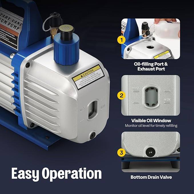 VIVOHOME 3/4 HP 7.2 CFM 110V Dual Stage HVAC Vacuum Pump for R134a R12 R22 R502 R410a Systems, Auto AC Vacuum Pump for Air Conditioner Servicing Resin Degassing with 2 Oil Bottles