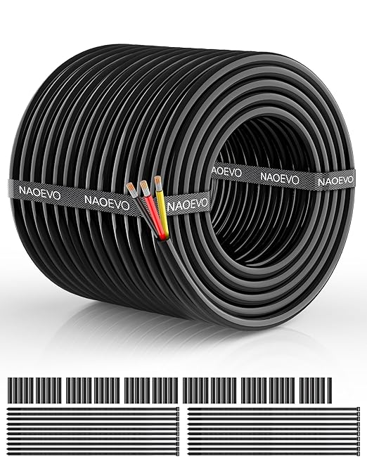NAOEVO 16 Gauge Wire 3 Conductor Electrical Wire, 16 AWG Stranded PVC Cord, 12V Low Voltage/Tinned Copper/Flexible Cable for Automotive Wiring, Lamp Cord, Marine Cable (100FT)