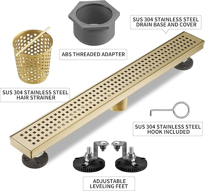 Linear Shower Drain 32 Inch Rectangular, Brushed Gold Shower Drain, 51L/Min Fast Drainage SUS-304 Stainless Steel Floor Linear Drain, US Standard CUPC Certified, Zirconium Gold, SD-112-32ZG