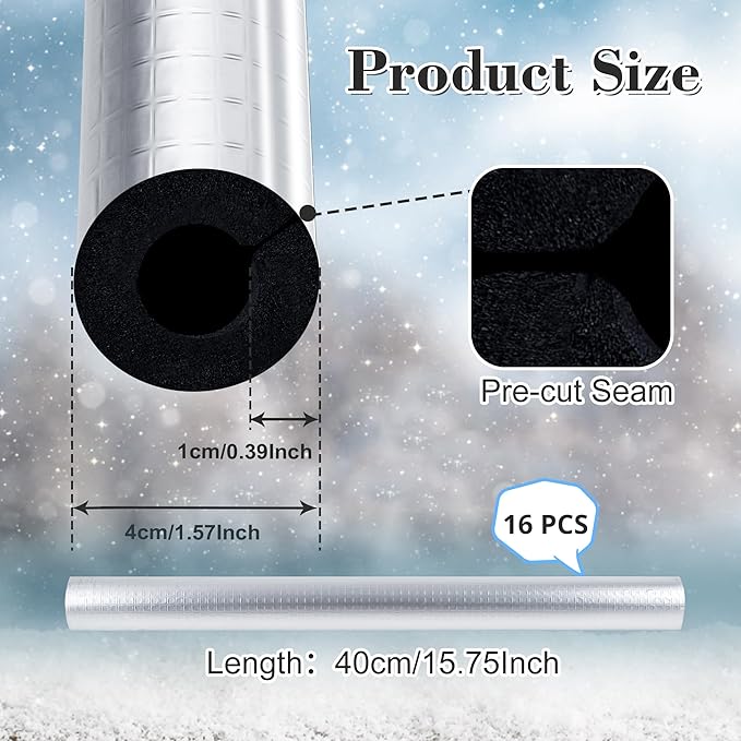 Pipe Insulation Foam Tube,3/4''Self-Adhesive Pre Slit Foam Pipe Covers for Spigot,Winter Outside Pipes,Sprinkler,Water Heater Pipes Freeze Protection (16)