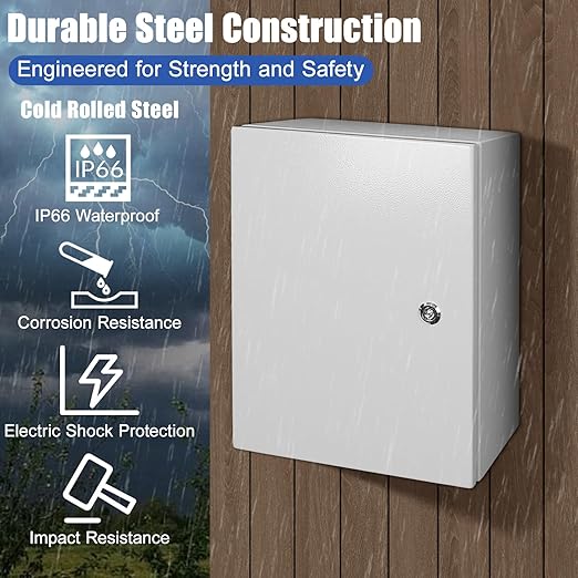 LeMotech Electrical Box 16 x 12 x 8 inch Steel Enclosure, IP66 Waterproof Dustproof Junction Box Wall-Mounted for Outdoor/Indoor Lockable with Equipment Mounting Plate