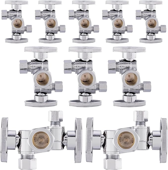 (Pack of 10) EFIELD 1/4-Turn Dual Compression Outlet Angle Stop Valve with 2 Shut Off Valve/Handles, 1/2" NOM (5/8" OD) x (3/8 inch x 1/4 inch) Chrome For Faucet Toilet,(VALVE137-10PCS)