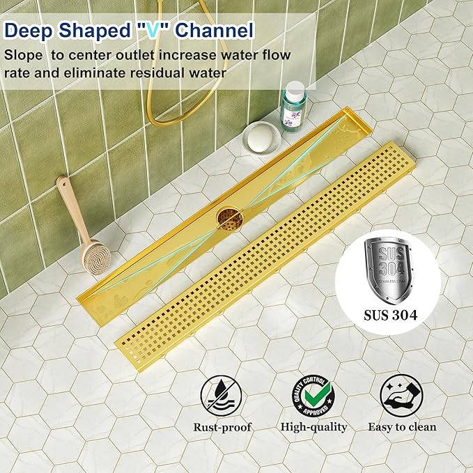 Neodrain 24-Inch Brushed Brass Linear Shower Drain with Removable Quadrato Pattern Grate, 304 Stainless Steel Gold Rectangle Shower Floor Drain, Bathroom Linear Drain & Hair Strainer, CUPC Certified
