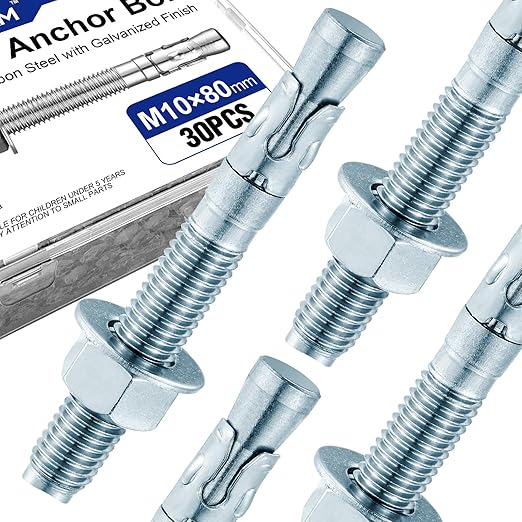 30Pcs 3/8" × 3-1/8" Concrete Anchor Bolts, Zinc Plated Carbon Steel Wedge Anchors for Cement, Brick, and Masonry