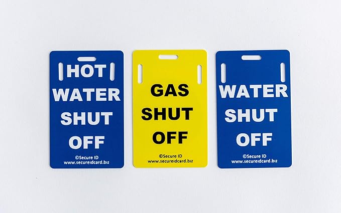 Secure ID Utility Shut-Off Tags – Set of 3 PVC Valve Labels for Gas, Water & Hot Water – Landlord & Property Manager Safety Tags for Rentals or Multi-Unit Homes
