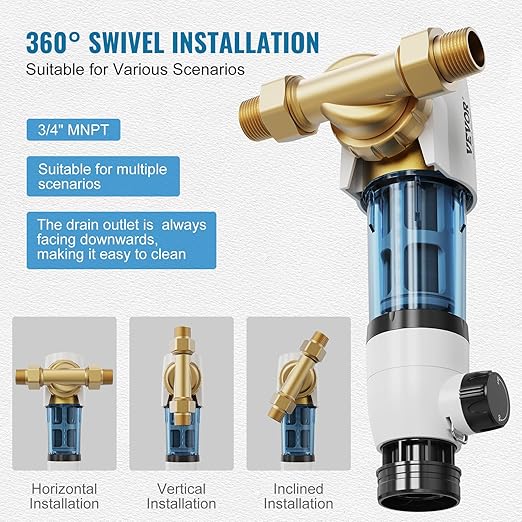 VEVOR Spin Down Sediment Filter, 360 Mountable, 4th Gen Backwash Pre-Filtration, Bi-Side Scraper Flush, 20 GPM Reusable Whole House Water Filter, Pressure Gauge, 3/4" MNPT