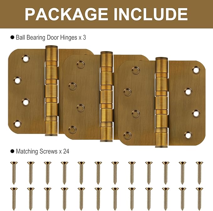 3 Pack 4" Heavy Duty Door Hinges with 5/8'' Radius Corner, 4in x 4in Stainless Steel Door Hinges for Exterior & Interior Doors, Smooth and Quiet (Brass)