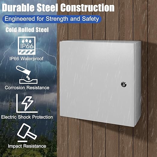 LeMotech Electrical Box 16 x 16 x 6 inch Steel Enclosure, IP66 Waterproof Dustproof Junction Box Wall-Mounted for Outdoor/Indoor Lockable with Equipment Mounting Plate