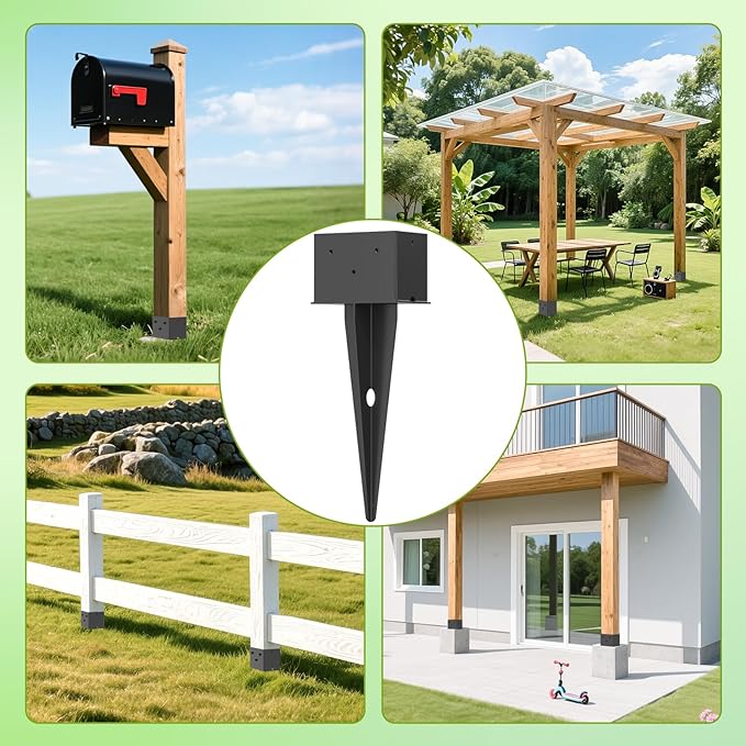 2 Pcs 4"x 6" Fence Post Anchor Ground Spike, 16.5" Heavy Duty Metal Fence Stake Post Bases (Inner Size 3.6"x5.6") with Black Powder Coated for Fence, Deck, Railing, Mailbox and Porch