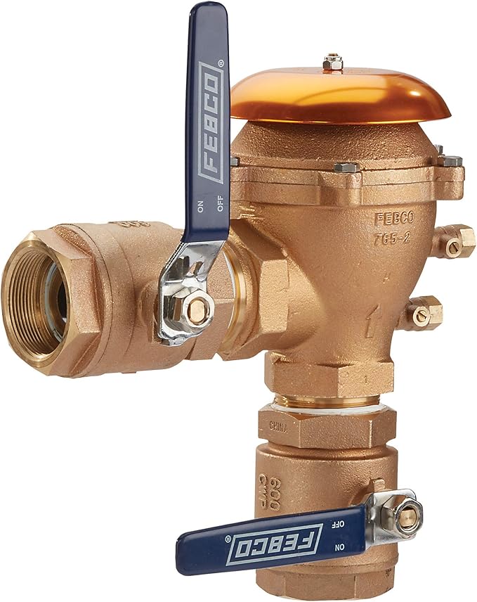 Febco 765 Series 2" Bronze Pressure Vacuum Breaker Backflow Preventer, Quarter Turn Shutoff, NPT Connections, Spring-Loaded Check Valves, Max Pressure 150 psi, Industrial Plant, Irrigation System