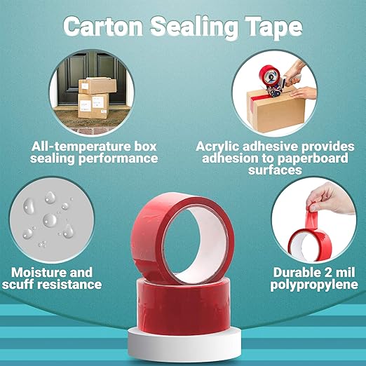 APQ 36 Rolls of Red Carton Sealing Tape 2" x 55 yds. Thickness 2 Mil. Acrylic Packaging Tape for Wrapping, Packing, Shipping, Moving Boxes. Acrylic Emulsion Adhesive. No Weathering, Yellowing.