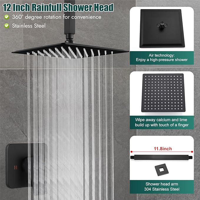 Heyalan Shower Faucet Set Square Stainless Steel Bathroom Rainfall Shower System One Handle Single Function Shower Trim Kit with Rough-in Valve Male Thread,Ceiling Mount,12 Inch,Matte Black