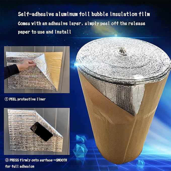 5mm Double-Sided Aluminum Foil Bubble Insulation - Self-Adhesive, Flame Retardant, Thermal Moisture Barrier, Waterproof, for Pipes, Roof, Walls(Size:50㎡,Color:Fixed Width 1m)