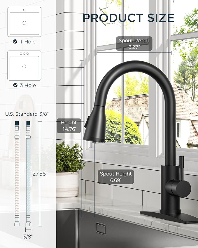 FORIOUS LED Kitchen Faucet with Pull Down Sprayer, Black Single Handle Stainless Steel Traditional Sink Faucets with LED Light Sprayer Head, Suitable for Farmhouse Laundry Camper Rv Bar
