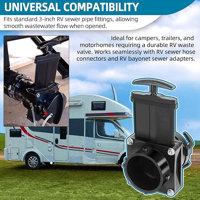 TonGass 3-Inch RV Waste Valve Body with Handle, Durable RV Sewer Valve Replacement for Campers, Trailers, and Motorhomes, Mess-Free Water Valves, Heavy-Duty Camper Sewer Pipe Fitting - Black