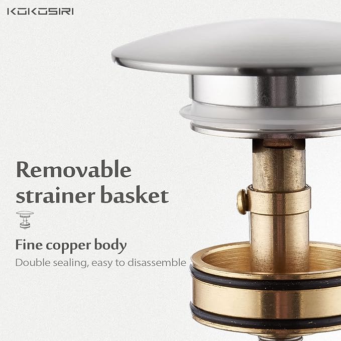 KOKOSIRI Pop Up Sink Drain with Strainer Basket, Brushed Nickel Bathroom Sink Drain with Detachable Hair Catcher Anti Clogging for Vanity Vessel Sink Without Overflow, C1002BR