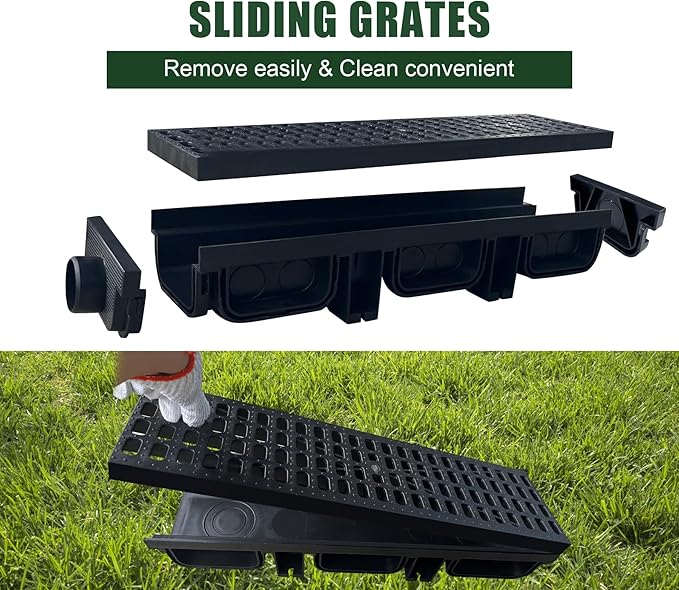 HDPE Channel Drain with Grates-19.7x5.5x3.7 in. Trench Drain System,2 Pack Total Length 39.4 in,Yard Drainage System with 2 Outlet Adapters for Outdoor,Yard Fence,Pool,Sidewalk,Patio