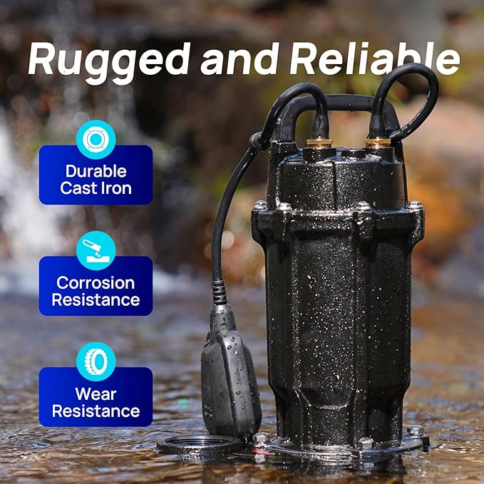 Aquastrong 1 HP Sewage Grinder Pump, 115V 4200 GPH Sewage Pump 2 inch Discharge, Cast Iron Sump Pump Submersible with Auto Float Switch for Basement Sump Basin and Sewage Well