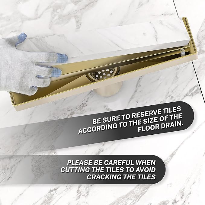 Linear Shower Drain. 12 Inch Shower Trench Drain with 2-in-1 Flat Cover & Inser Cover,304 Stainless Rectangle Steel Shower Floor Drain with Hair Strainer and Leveling Feet (Gold, 12 in)