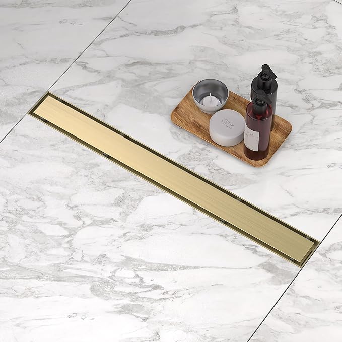 Linear Shower Drain. 24 Inch Shower Trench Drain with 2-in-1 Flat Cover & Inser Cover,304 Stainless Rectangle Steel Shower Floor Drain with Hair Strainer and Leveling Feet(Gold, 24 in)