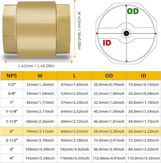 2" NPT Brass Vertical Check Valve, NPT Thread Vertical Lead-Free In-Line Spring Check Valve, Non Return One Way Counterflow Valve to Prevent the Medium Backflow for Oil Water Gas Air DN50