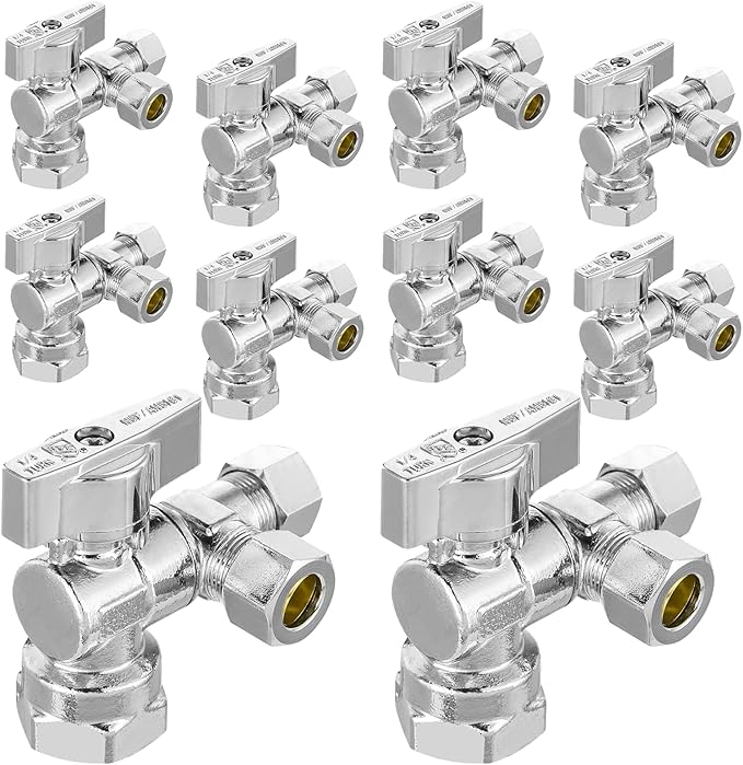 10-PCs HeSun Quarter-Turn Angle Stop Valve, 1/2" FIP x 3/8" OD Comp x 3/8" OD Comp, Dual Compression Outlet Shut Off Valve, PEX Chrome Plated Brass(VALVE209-10)