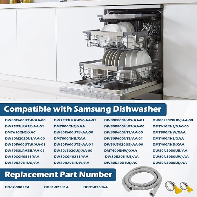 BigHead DD67-00059A DD81-02331A Dishwasher Drain Hose with 2 Hose Clamp (9.3FT) Compatible with Samsung Dishwashers Replaces DD81-02636A AP4981889 PS4222564