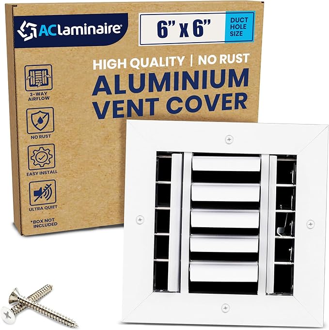 6x6 Inch (Duct Opening) Aluminum 3-Way Air Flow Vent – HVAC Vent Cover for Wall or Ceiling – Quiet HVAC Wall Register with Multi-Shutter Damper – Adjustable Curved Blade - Plastic Seal for Tight Fit
