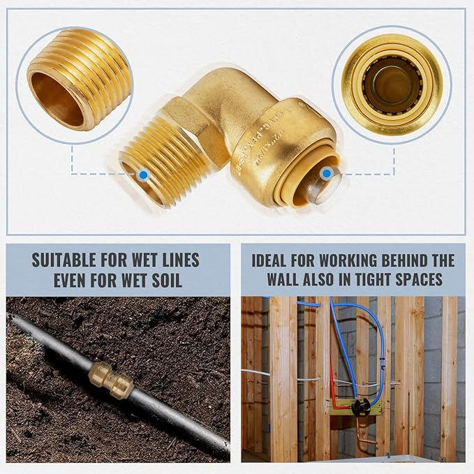 SUNGATOR 1/2 Inch Male Adapter Elbow, 1/2 MNPT Threaded, No Lead Brass Push-to-Connect Plumbing Fittings for PEX Pipe, Copper, CPVC, with 1 Disconnect Clip and 1 Sealing Tape, Pack of 6