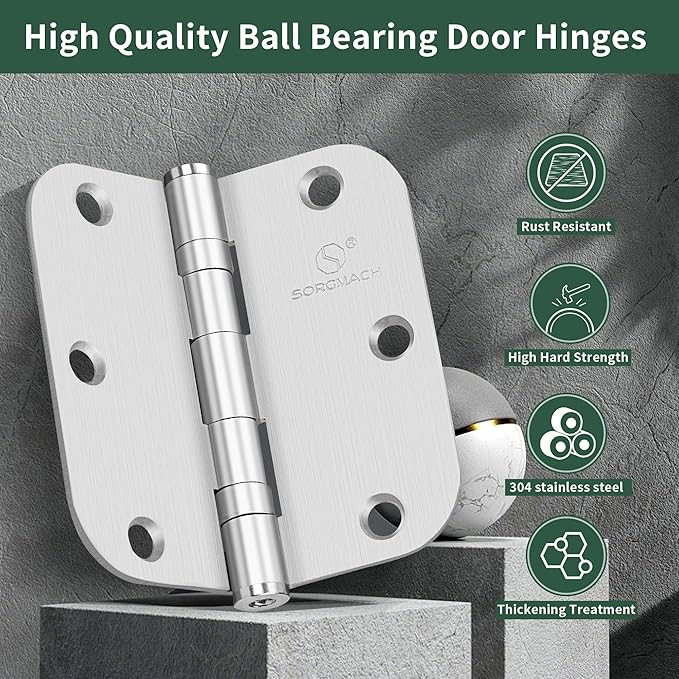 304 Stainless Steel 3.5 Inch Door Hinges Brushed Satin Nickel Interior Hinges 5/8" Radius Corners 3.5'' Ball Bearing Door Hinges- 3 Pack