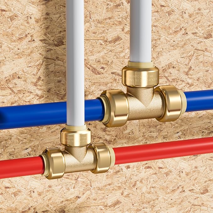 HQMPC 3/4" Pex Tee Push Fit Plumbing Fitting, Brass, 6pcs, Push-to-Connect, UPC Certified