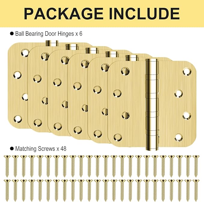 6 Pack 4" Heavy Duty Door Hinges with 5/8'' Radius Corner, 4in x 4in Stainless Steel Door Hinges for Exterior & Interior Doors, Smooth and Quiet (Gold)