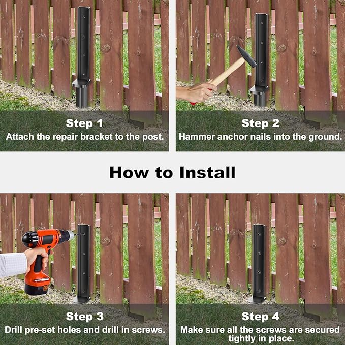 Thicker Fence Post Repair Anchor Kit, One-Piece Heavy Duty Steel Fence Post Stakes, Repair Tilted Broken 4x4/6x6 Wood Posts(6Pack/Black)