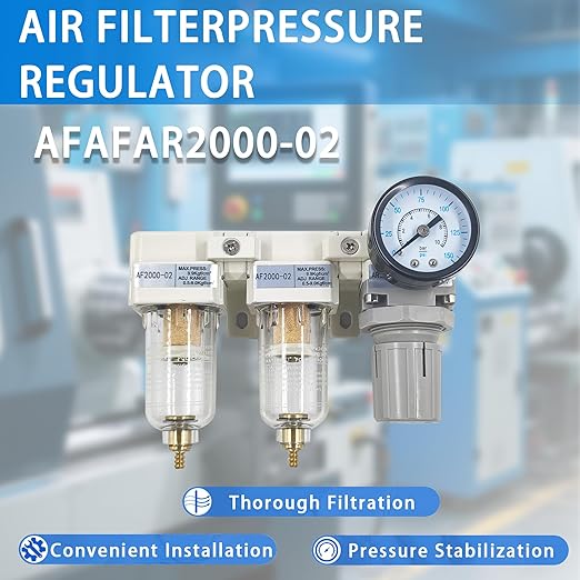 XingNEeng 1/4" NPT Compressed Air Filter Regulator Lubricator (FRL) Unit, Double Water/Oil Trap Separator, Gauge(0-150 psi), Manual Drain Air Compressor Water Separator, Poly Bowl, Metal Bracket