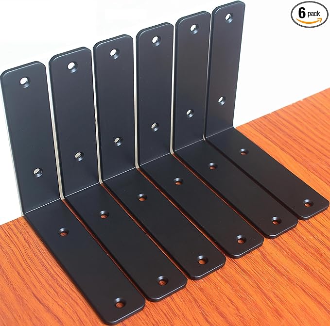 6 Pack - L 6" x H 6" x W1.5, 5mm Thick Black L Shelf Bracket, Iron Shelf Brackets, Metal Shelf Brackets, Floating Shelf, Shelf Supports with Screws