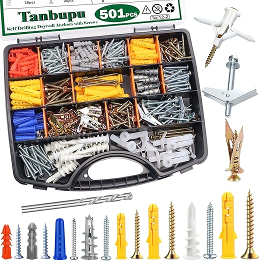 501PCS Drywall&Hollow&Concrete Wall Anchors Toggle Bolts and Wing Nut with Screws Kit,Self Drilling Expansion Screws (2025 Upgraded),11 Sizes Sheetrock Anchors Screws Kit for Wall Art Decor