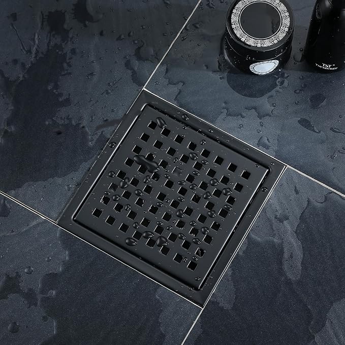 6 Inch Square Shower Floor Drain, Stainless Steel Black Shower Drain Kit with Flange, Floor Drain with Removable Grid Cover,Matte Black