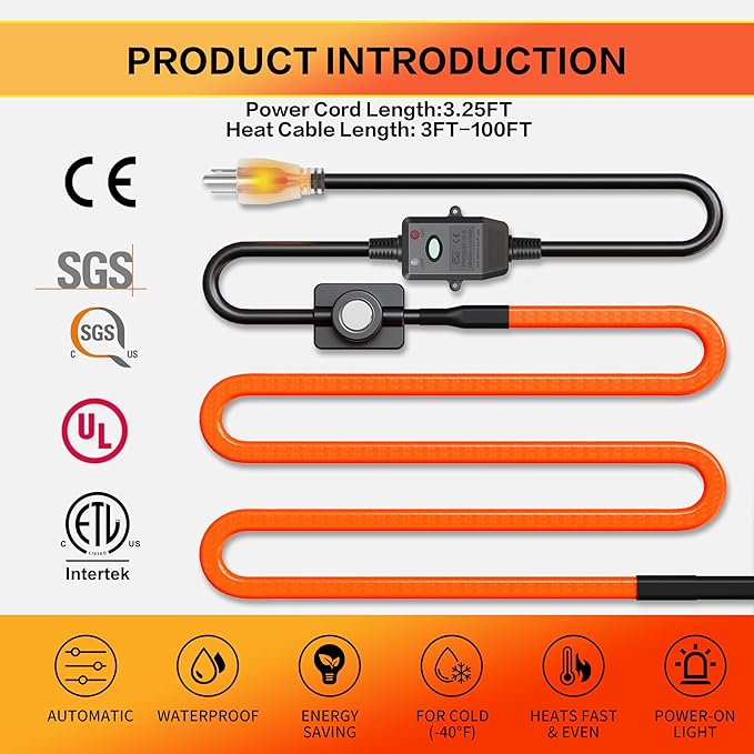 Heat Tape for Water Pipes with Thermostat & GFCI, Energy-Saving Pipe Heating Cable, Prevents Freezing, Works at -22℉, 80FT Orange, UL ETL Listed 120V
